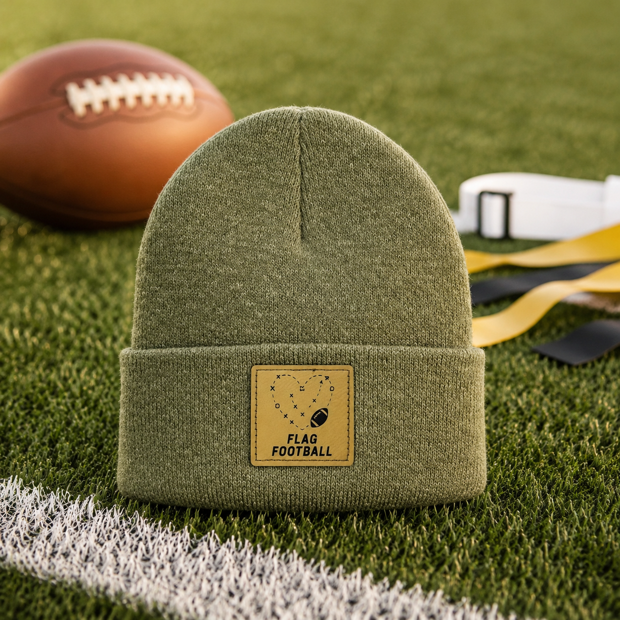 Flag Football Leatherette Patch Cuffed Beanie