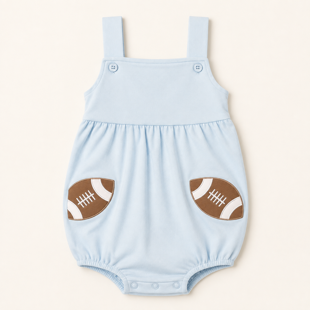 Baby Blue Football Appliqué Bubble Romper