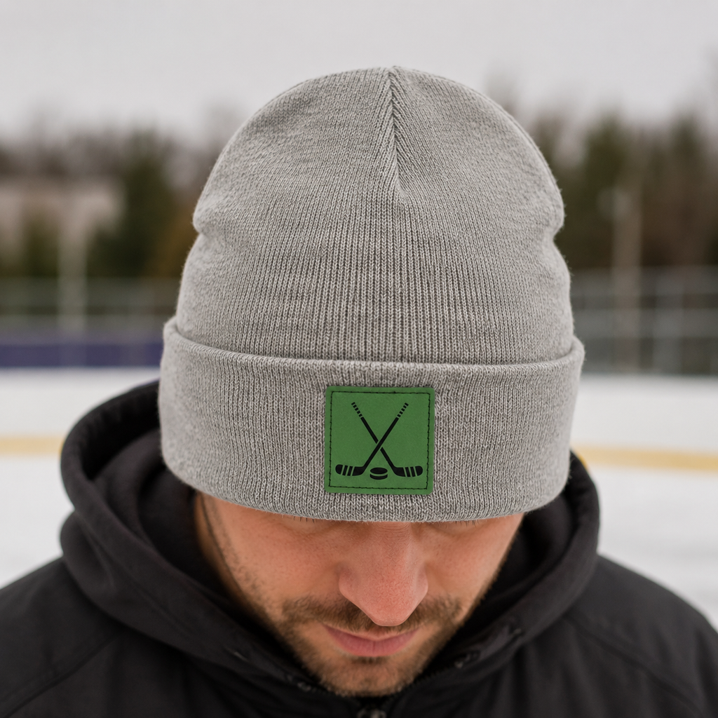 Hockey Leatherette Patch Cuffed Beanie