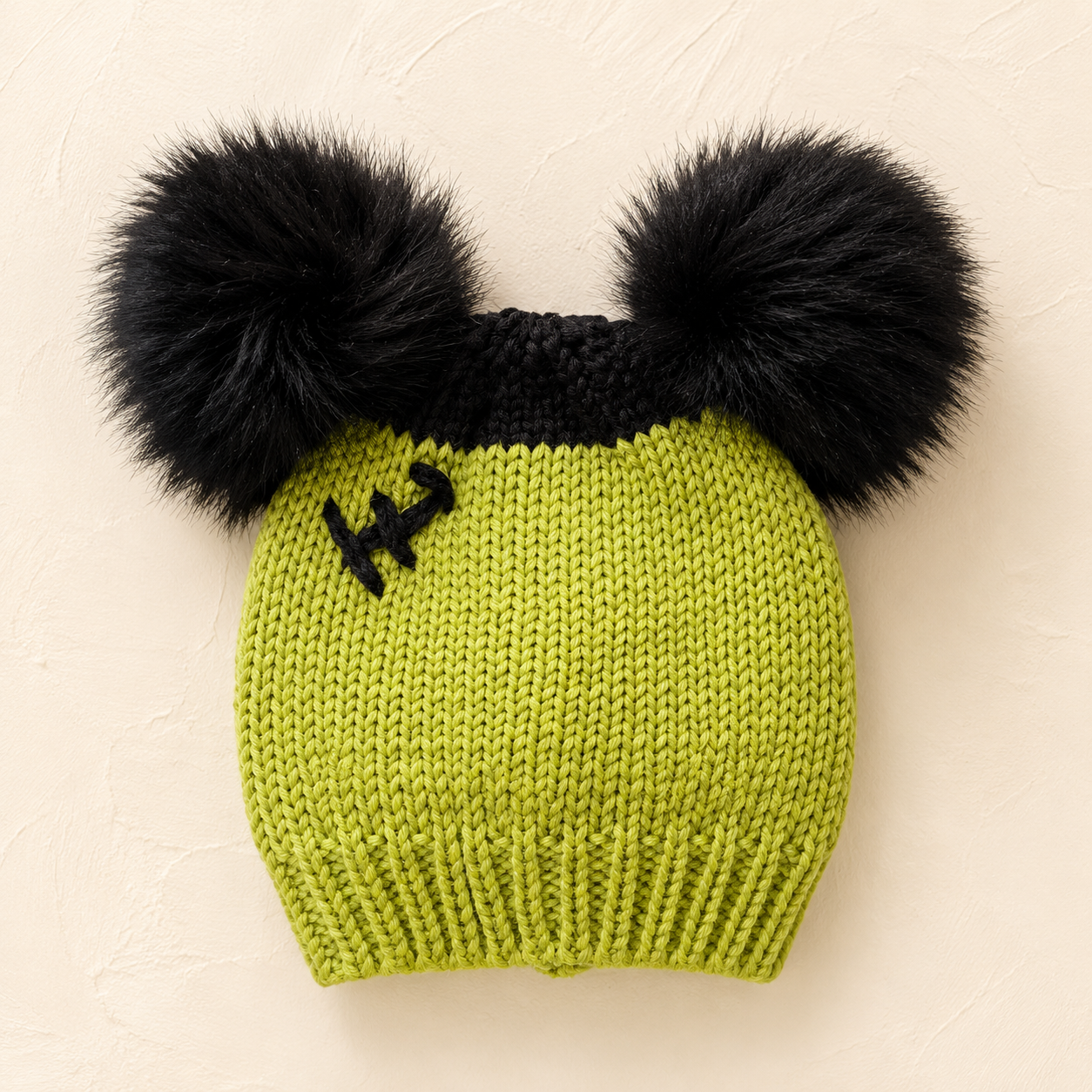 Lime Green & Black Double Pom Kids Beanie