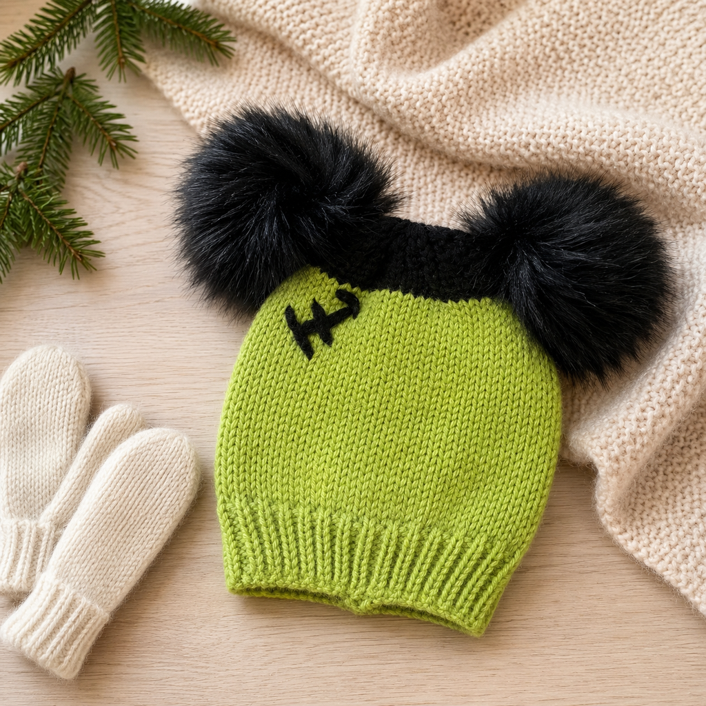 Lime Green & Black Double Pom Kids Beanie