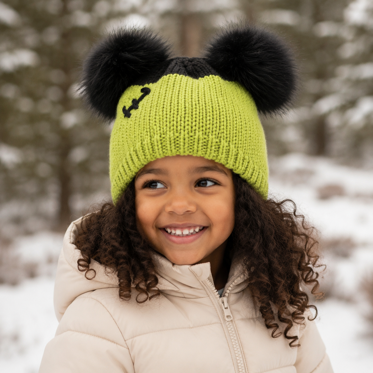 Lime Green & Black Double Pom Kids Beanie