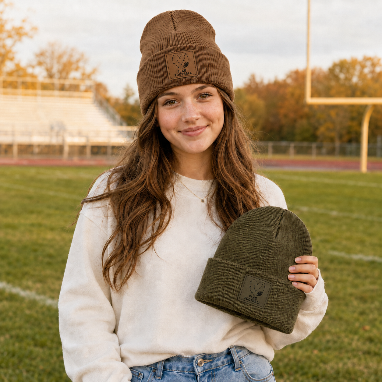 Flag Football Leatherette Patch Cuffed Beanie