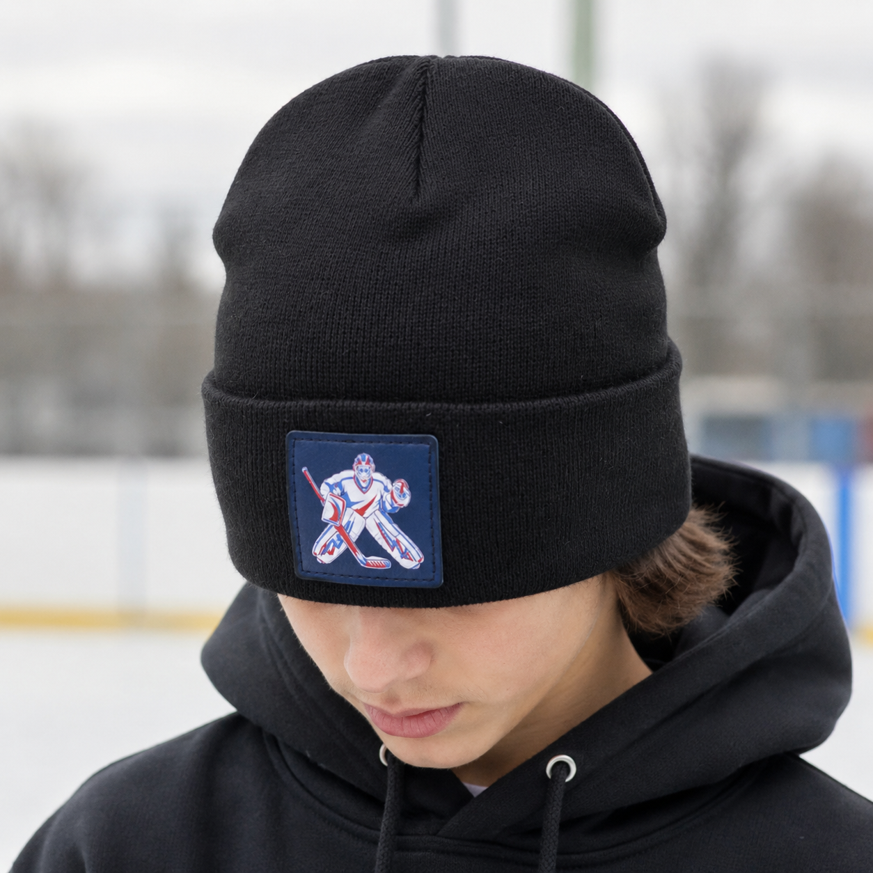 Hockey Leatherette Patch Cuffed Beanie