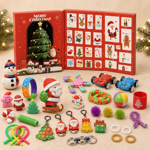 A Christmas advent calendar set with a red open box showing numbered doors and Santa illustrations, surrounded by assorted festive toys and small gifts on a beige surface with blurred evergreen branches and lights in the background.