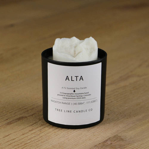 Alta, Utah soy candle by Tree Line Candle Co. featuring a 3D topographic mountain design inspired by the Wasatch Range, hand-poured in Steamboat Springs, Colorado.