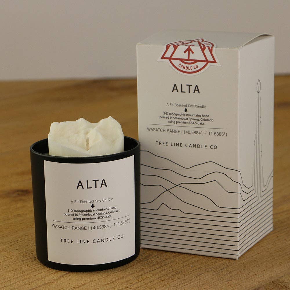 Alta, Utah topographic soy candle by Tree Line Candle Co. featuring a 3D mountain design inspired by the Wasatch Range, shown with its coordinating gift box.