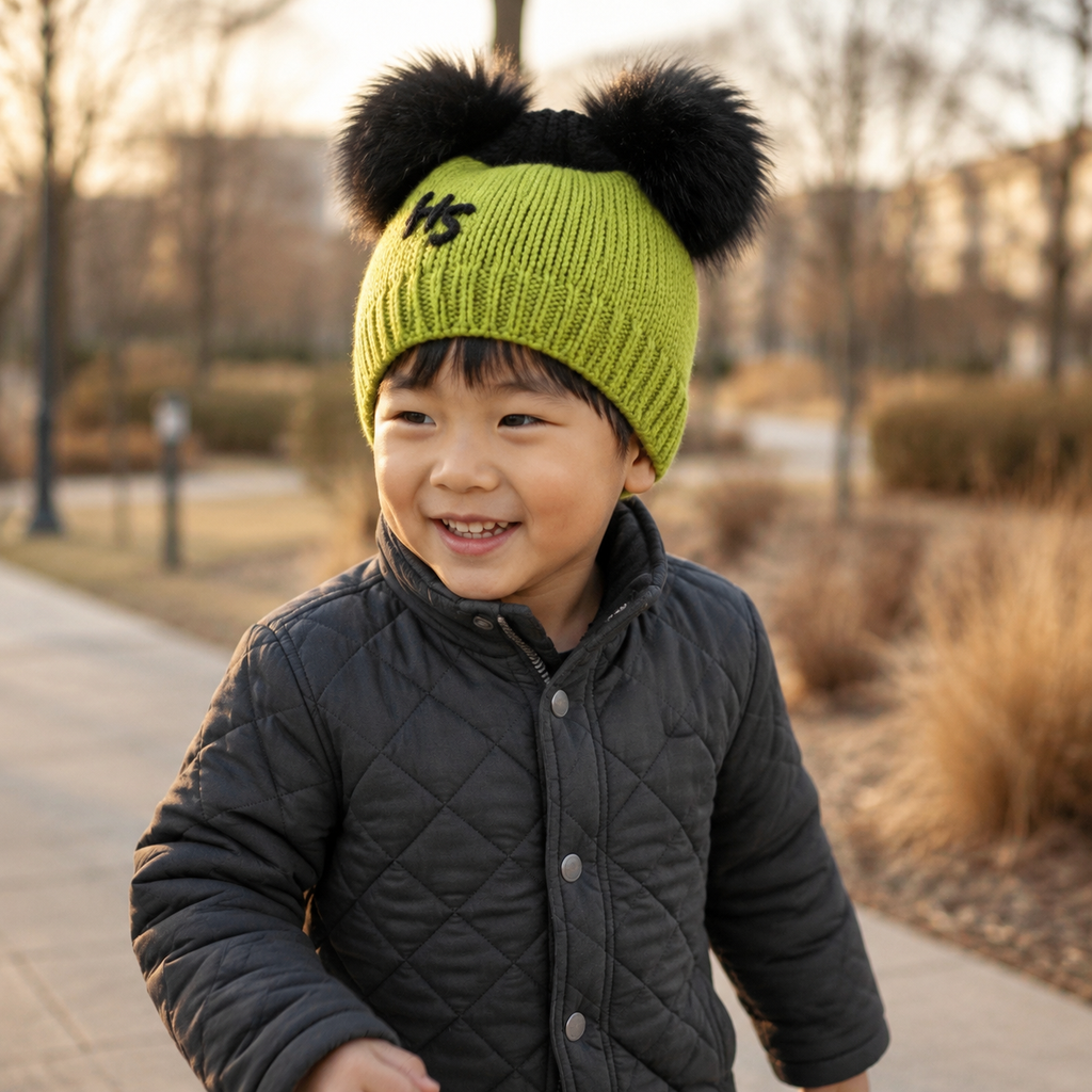 Lime Green & Black Double Pom Kids Beanie