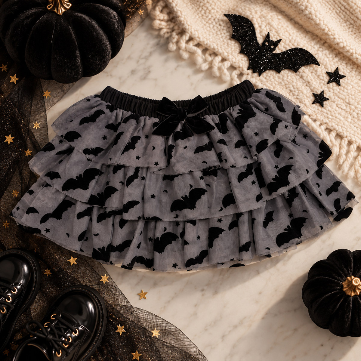 Flocked Bats Tiered Halloween Tutu Skirt