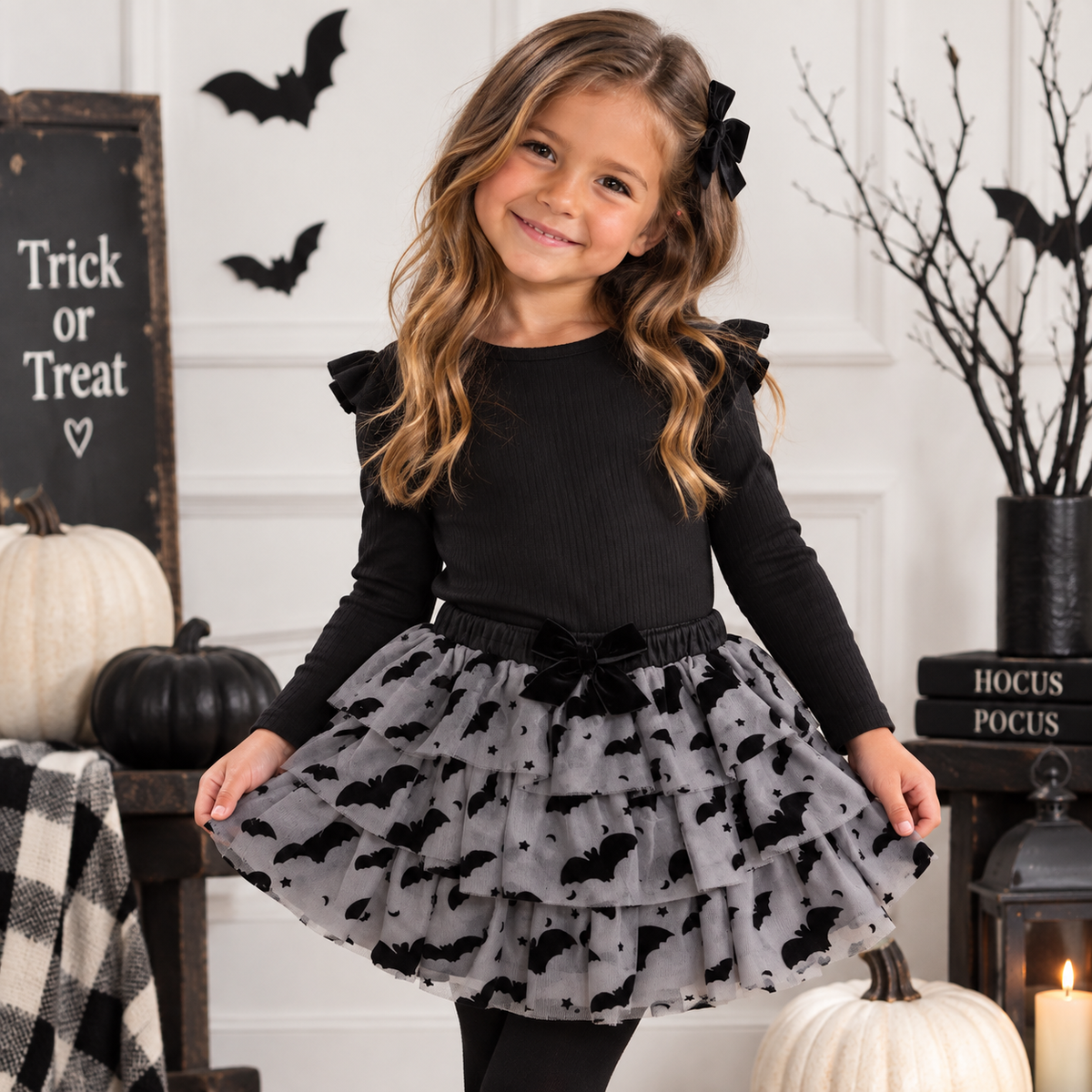 Flocked Bats Tiered Halloween Tutu Skirt