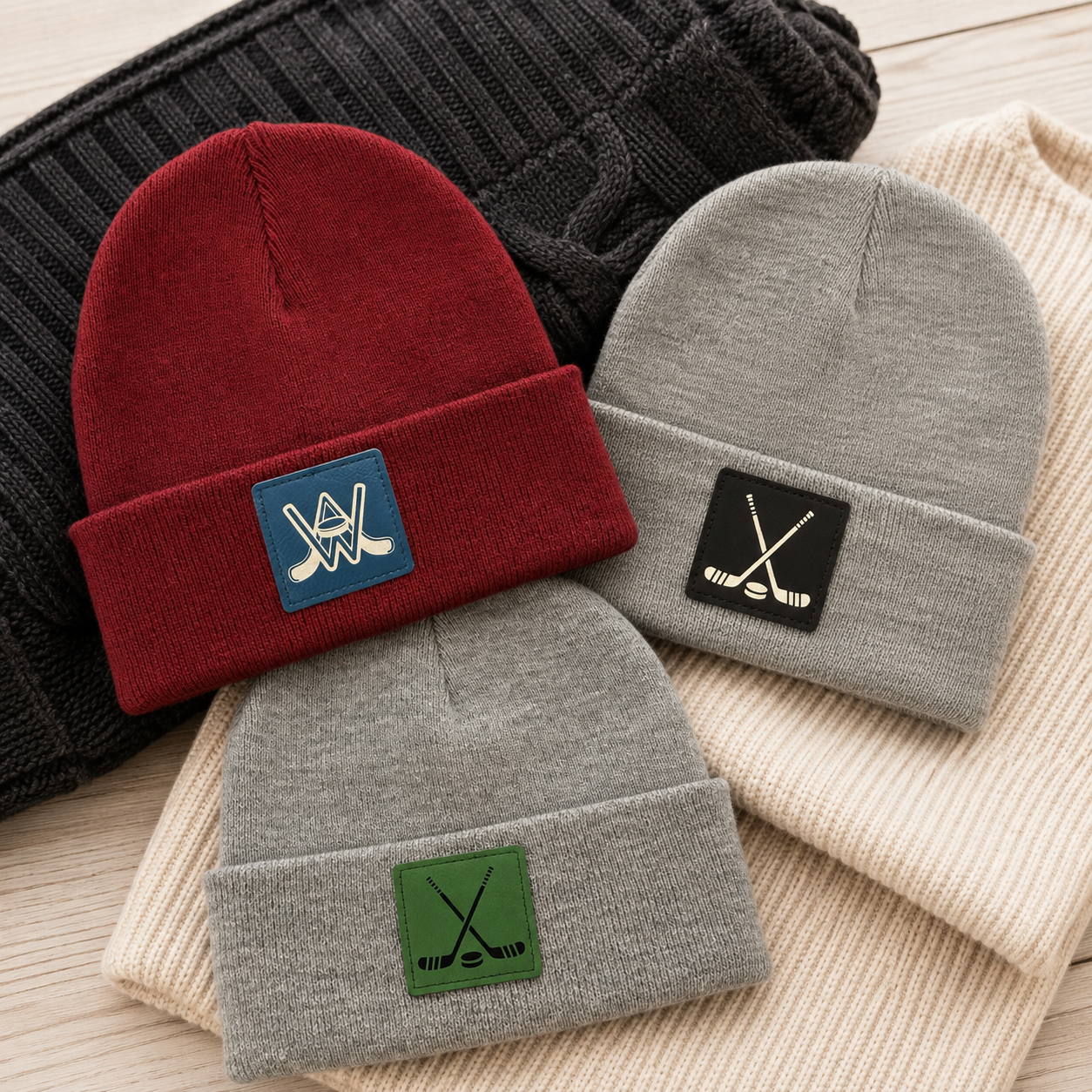 Hockey Leatherette Patch Cuffed Beanie