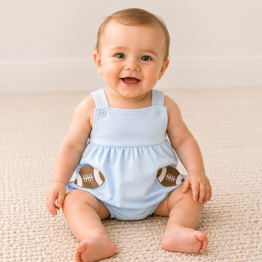 Baby Blue Football Appliqué Bubble Romper