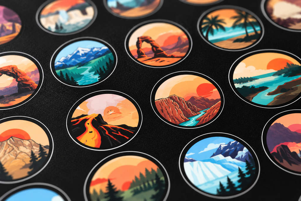 Close-up view of premium matte waterproof vinyl National Parks stickers featuring colorful illustrated landscapes inspired by U.S. National Parks. Each sticker showcases a unique park-inspired design with vibrant outdoor scenery.