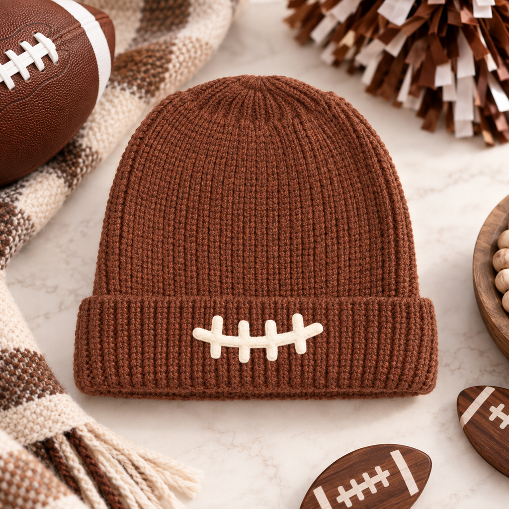 Football Lace Patch Game Day Beanie – Mocha