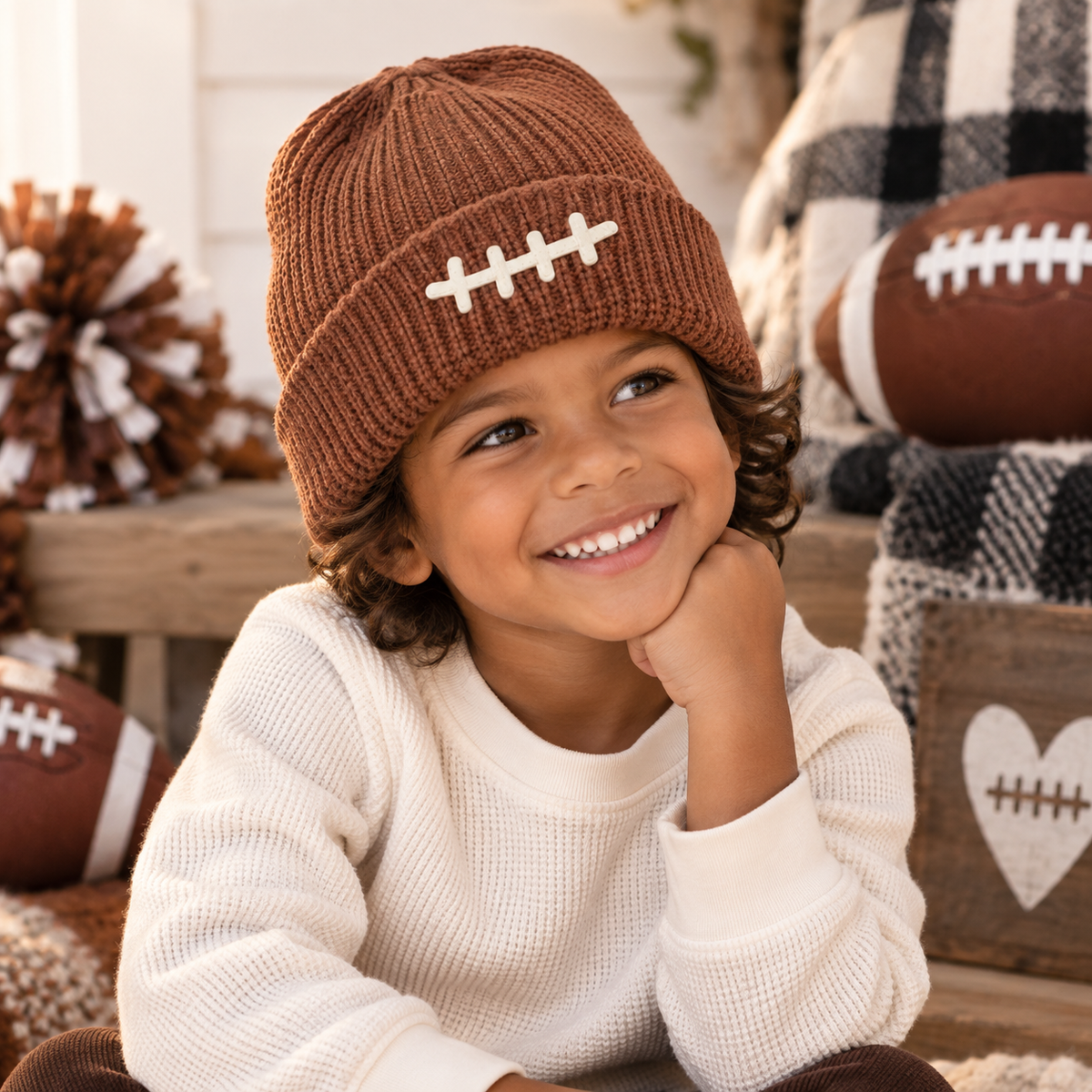 Football Lace Patch Game Day Beanie – Mocha