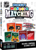 NHL Hockey Mascots Matching Game box front, showing the NHL logo, colorful title text, sample mascot cards, and a black lower panel that reads 'Includes 64 cards / Comprend 64 cartes'.