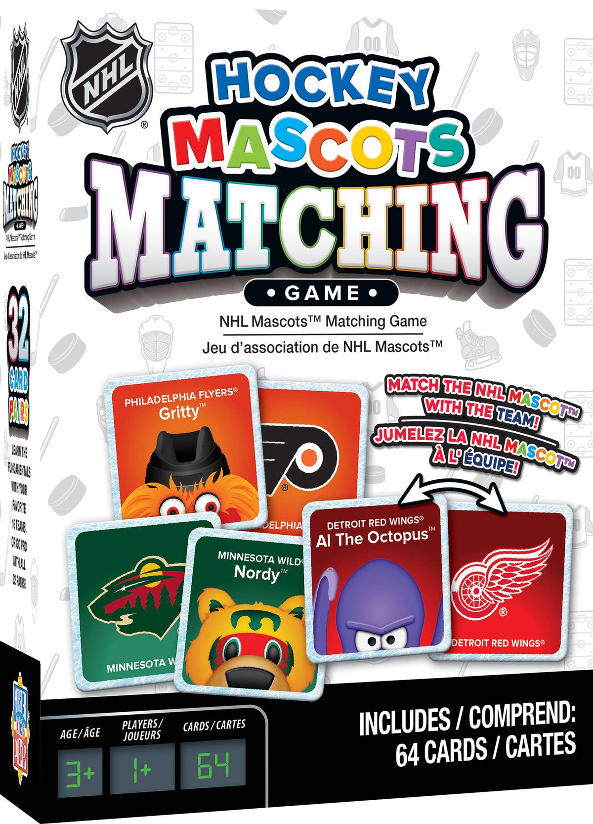 NHL Hockey Mascots Matching Game box front, showing the NHL logo, colorful title text, sample mascot cards, and a black lower panel that reads 'Includes 64 cards / Comprend 64 cartes'.