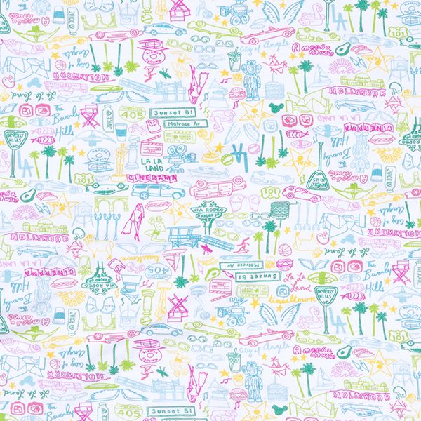 A seamless repeating pattern featuring hand-drawn travel illustrations in pastel pink, green, blue, and yellow on a white background.