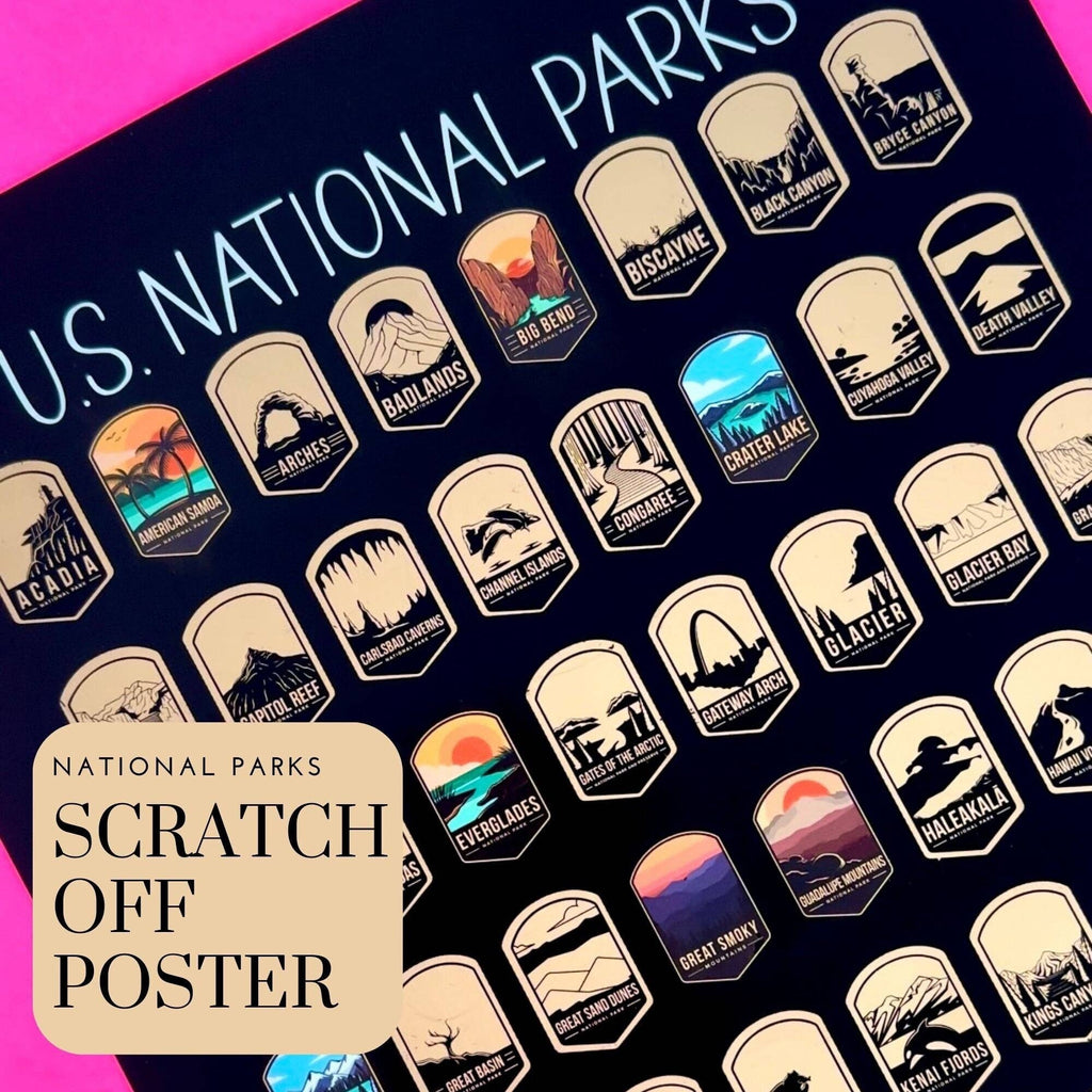 Illustrated icons on U.S. National Parks scratch-off travel poster