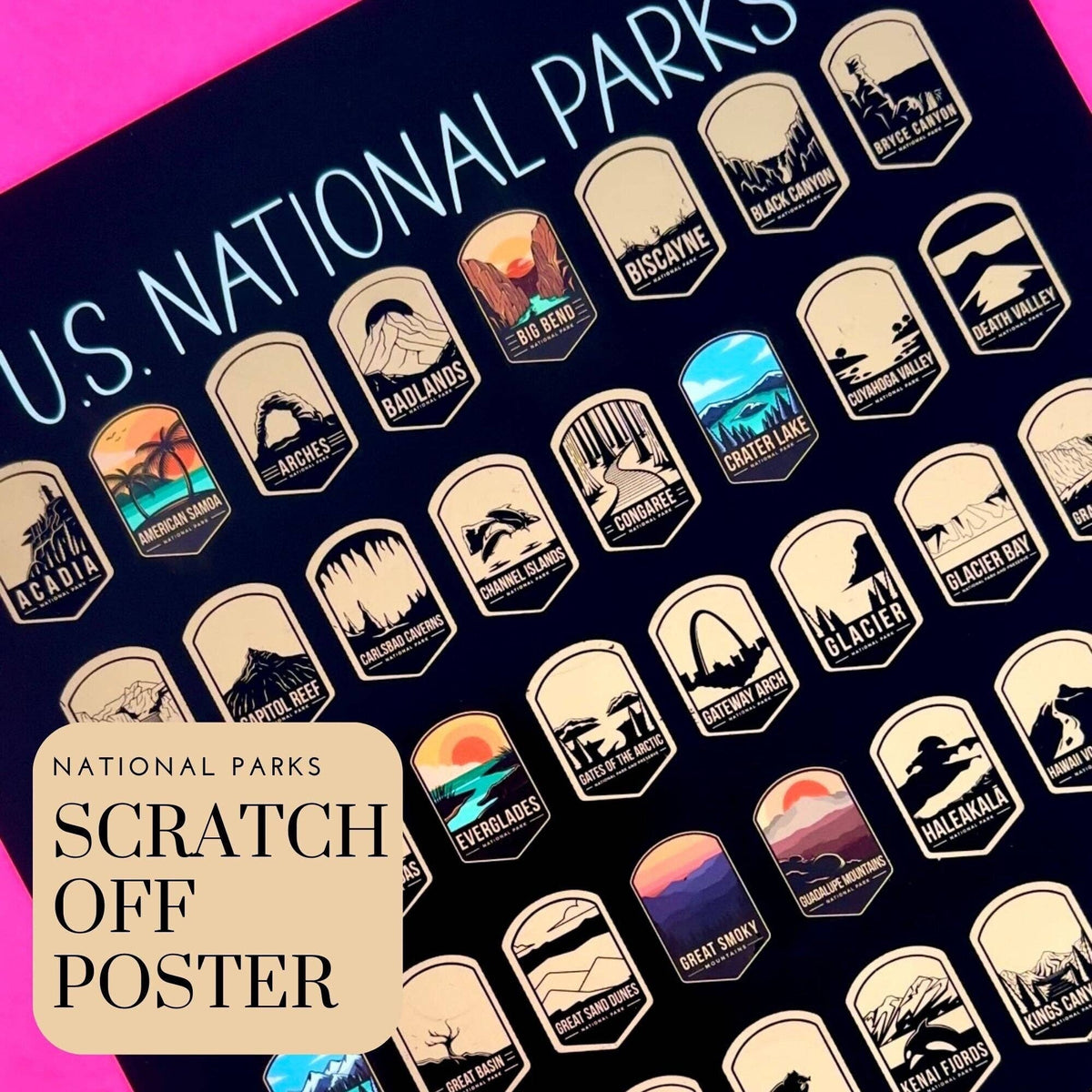 Illustrated icons on U.S. National Parks scratch-off travel poster