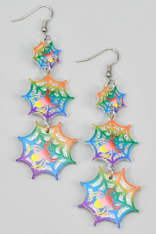 Rainbow Glitter Tiered Spiderweb Dangle Earrings