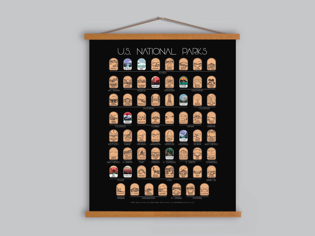 Poster of U.S. National Parks with icons on a black background