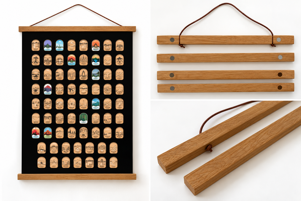 U.S. National Parks scratch-off poster displayed in 18-inch teak magnetic hanging frame