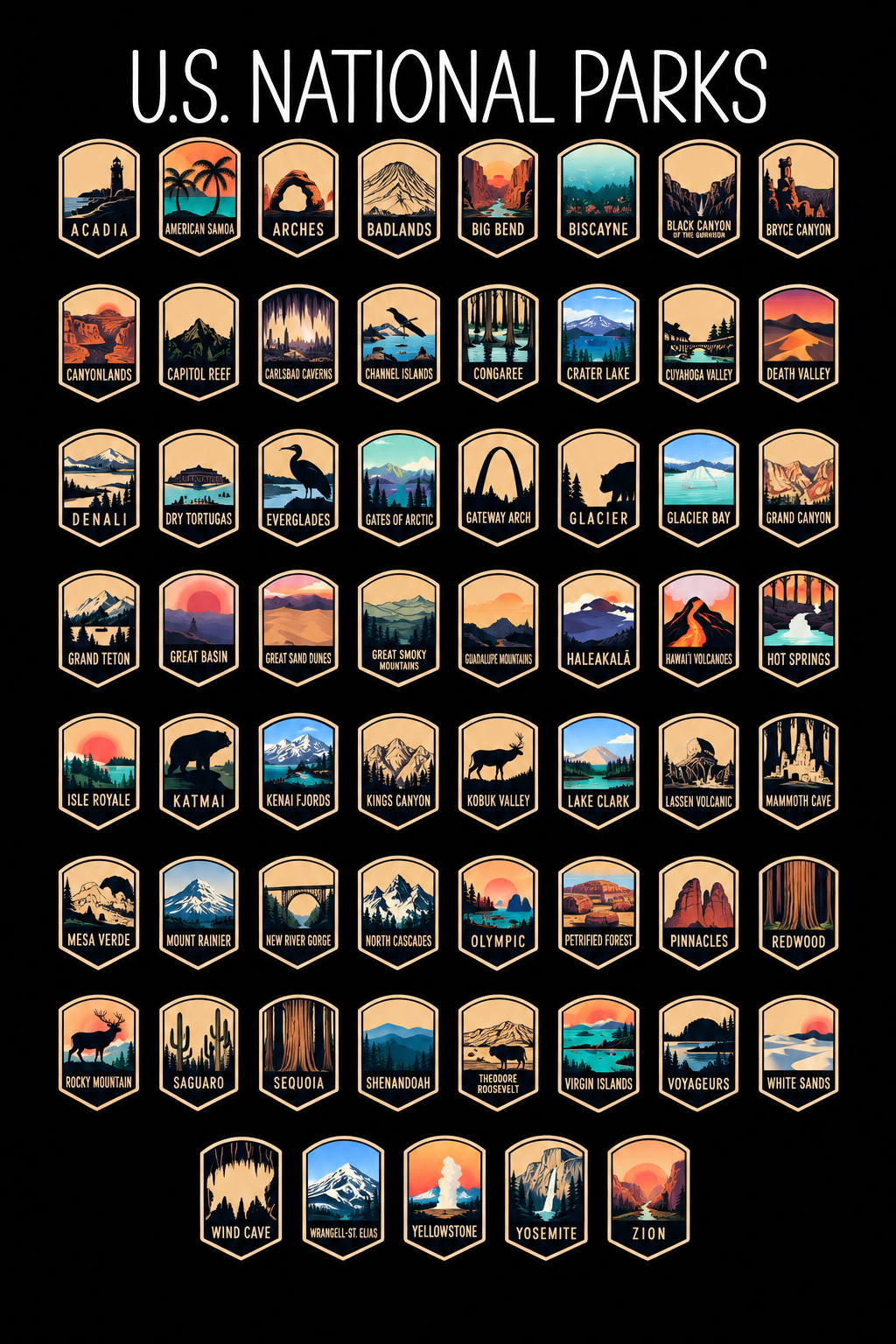 U.S. National Parks scratch-off bucket list poster featuring all 63 national parks
